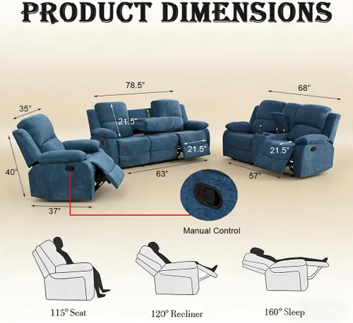 Vista 2 de Juego de sofá reclinable manual, juego de sofá reclinable de microfibra, juego de muebles modernos para sala de estar, sofá reclinable para sala