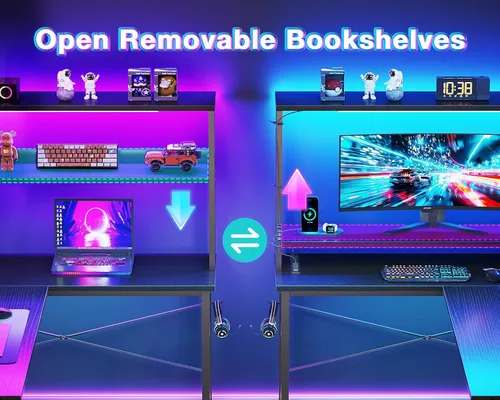 Vista 4 de AODK Escritorio en Forma de L para Gaming con Luz LED y Toma de Corriente, Mesa de Computadora Reversible en Forma de L de 43 Pulgadas con Estante