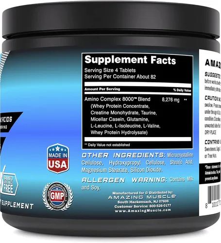 Vista 3 de Amazing Muscle Suplemento de complejo amino 8000 mg por porción 325 tabletas Fórmula con taurina, creatina, L-glutamina, proteína de suero