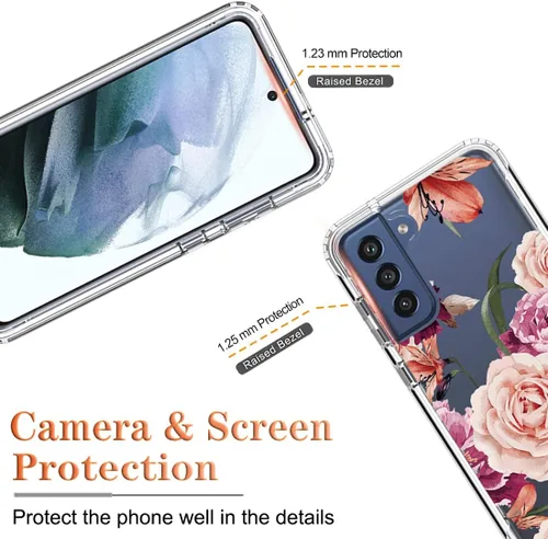 Vista 2 de Funda para Galaxy S21 FE, SM-G990U con protector de pantalla de vidrio templado, diseño floral a prueba de golpes, carcasa protectora de cuerpo