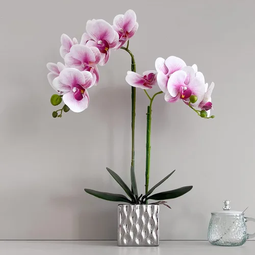Vista 13 de Orquídeas artificiales Floreros de plata, orquídeas artificiales, orquídea naranja, altura 20 pulgadas