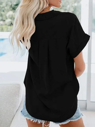 Vista 3 de APRAW Camisas casuales de manga corta con botones para mujer, de verano, de algodón, lisas, con bolsillos