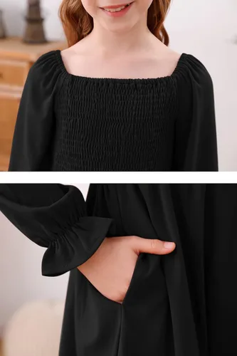 Vista 5 de GORLYA Vestido midi acampanado de manga abombada cuello cuadrado bohemio con volantes fruncido fruncido y acampanado 4-14 años