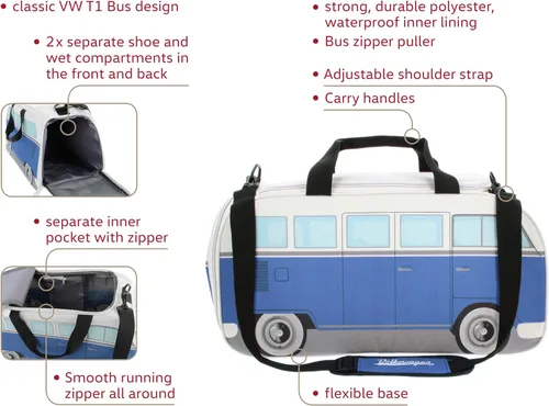 Vista 2 de BRISA VW Collection - Volkswagen Samba Bus T1 Camper Van Sport, gimnasio, bolsa de viaje, bolsa de lona con compartimento para zapatos y artículos