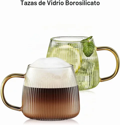 Vista 4 de Juego de 2 tazas de café de cristal únicas de alta calidad con elegante patrón de rayas verticales, mango amarillo claro (transparente)