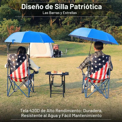 Vista 4 de Paquete de 2 sillas de camping con paraguas ajustable, silla de césped plegable con respaldo de bandera estadounidense, silla de camping acolchada