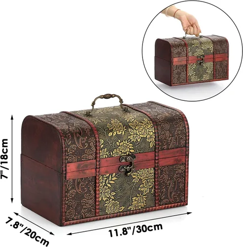 Vista 2 de ELLDOO Caja de cofre del tesoro vintage, caja de recuerdos pirata para regalos de niños, caja de almacenamiento de tesoros de madera, caja