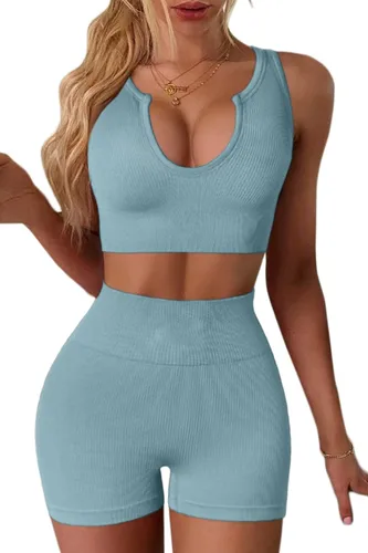 Vista 3 de QINSEN Conjuntos de entrenamiento sin costuras para mujer, brasier deportivo acanalado de cintura alta, pantalones cortos para correr, gimnasio
