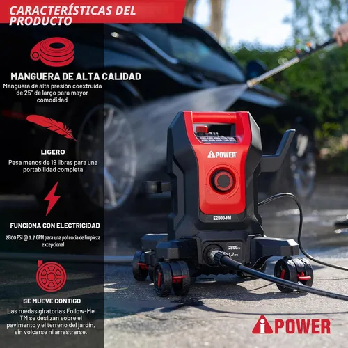Vista 4 de A-iPower Follow Me - Lavadora eléctrica a presión 2800 PSI 1.7 GPM, diseño antivuelco con 5 boquillas, dispensador de jabón para vallas, calzadas