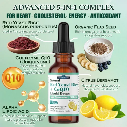 Vista 2 de Arroz de levadura roja liposomal con gotas líquidas Coq10, 5 en 1 extra fuerte 1200 mg de colesterol y apoyo cardíaco con ácido alfa lipoico
