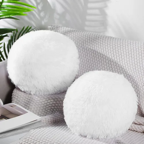 Vista 8 de Paquete de 2 Almohadas Decorativas de Bola Redonda de Felpa de 10 Pulgadas, Almohadas Nórdicas Suaves de Boucle Esféricas Peludas Circulares