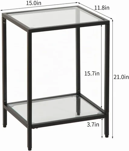 Vista 3 de Gawicpy Moderna mesa auxiliar de vidrio templado de 2 niveles, elegante mesa auxiliar de metal negro para espacios pequeños, perfecta para sala