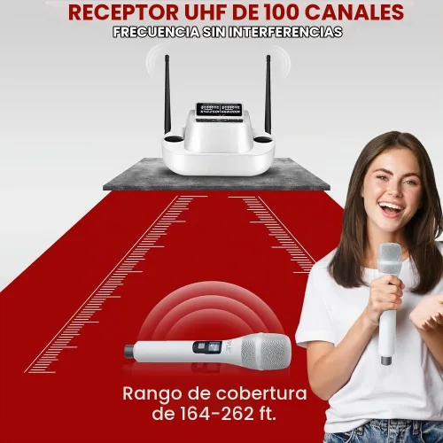 Vista 5 de Pyle Sistema de micrófono inalámbrico UHF con micrófonos de mano duales, recargable por USB, receptor de frecuencia fija Bluetooth, audio DSP