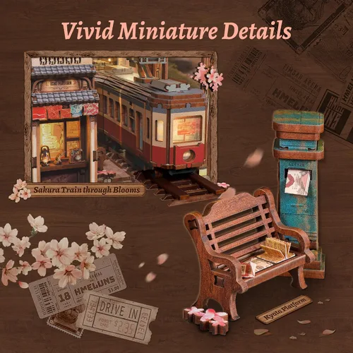 Vista 5 de FUNPOLA Kit de rincón de lectura del tren Sakura – Rompecabezas de madera 3D con LED y espejo infinito – Decoración de estantería DIY, manualidad
