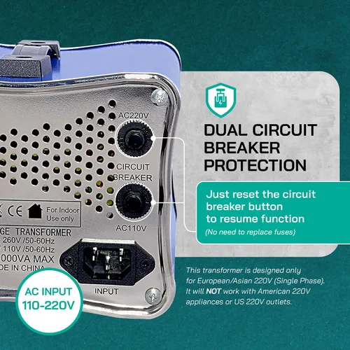Vista 8 de 1000W Transformador Automático de Voltaje Paso-arriba/Paso-abajo - 110/120v a 220/240v - De Alta Resistencia – Protección de Interruptor de Circuito