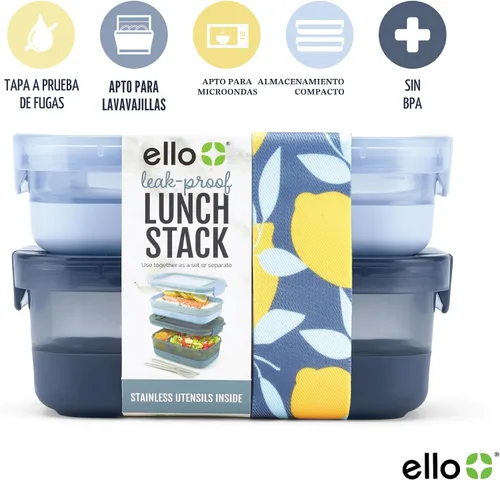 Vista 3 de Ello Juego de 2 contenedores de almacenamiento de alimentos de plástico para lonchera, tipo Bento, con tapas de plástico herméticas, a prueba