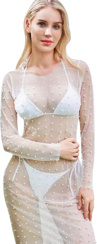 Vista 2 de Women's Sheer Mesh Pearl Rhinestone Cover Up Dress Summer See Through Swimwear Bikini Bathing Suit Coverups Beachwear