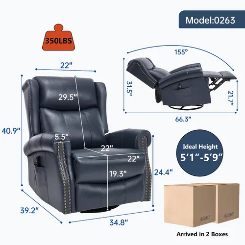 Vista 2 de Trustyue Silla reclinable de piel auténtica, reclinable manual con balancín giratorio, mecedora de masaje y calor, reclinable para guardería Azul