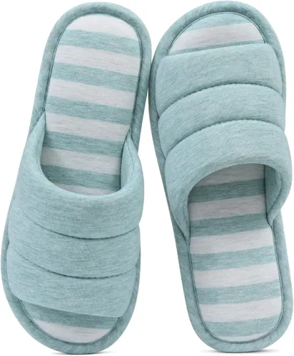 Vista 11 de Shevalues Pantuflas con punta abierta para mujer y hombre, de algodón suave, para interior, con espuma viscoelástica, fáciles de poner, pantuflas