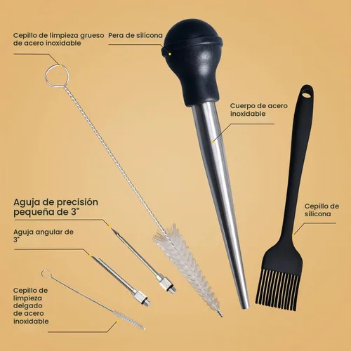 Vista 2 de Jeringa para Pavo, Jeringa de Acero Inoxidable para Cocinar con Inyectores de Marinada, Jeringa, Brocha para Untar, Cepillo de Limpieza Grueso