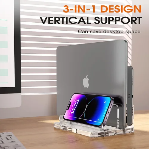 Vista 2 de Soporte vertical acrílico para laptop, diseño 3 en 1 con ancho de ranura ajustable, adecuado para ahorrar espacio de escritorio, compatible