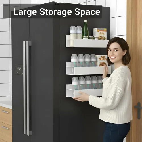 Vista 4 de MGY Paquete de 3 organizadores magnéticos para biberones para refrigerador, almacenamiento que ahorra espacio para biberones, estante de metal con 4