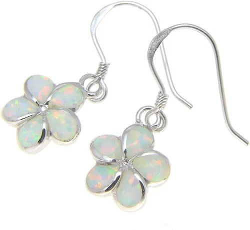 Vista 2 de Pendientes de gancho de alambre de ópalo sintético blanco con flor de plumeria hawaiana de plata de ley 925, 0.394 in, Metal Ópalo simulado, Ópalo