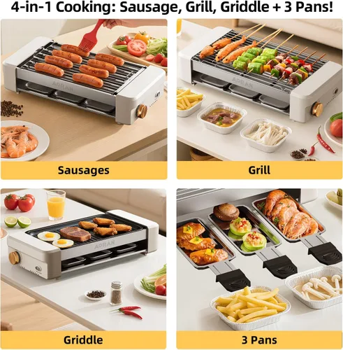 Vista 3 de AORAN - Parrilla eléctrica para interiores sin humo, parrilla de encimera de 800 W con platos de cocina antiadherentes extraíbles y estante