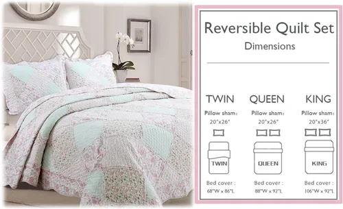 Vista 7 de Juego de ropa de cama reversible de algodón reversible de 3 piezas con diseño floral pastel de jardín de rosas, melocotón, verde, con volantes
