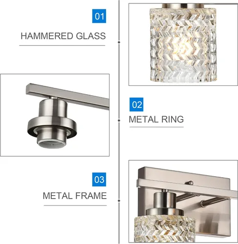 Vista 6 de MELUCEE Aplique de pared de 2 luces con pantalla de vidrio martillado, luces de baño de níquel cepillado sobre el espejo, accesorios de iluminación