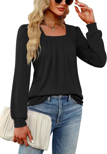 Vista 3 de Funlingo 2023 - Blusas de manga larga para mujer, estilo túnica, plisadas, con cuello cuadrado, estilo casual, holgadas
