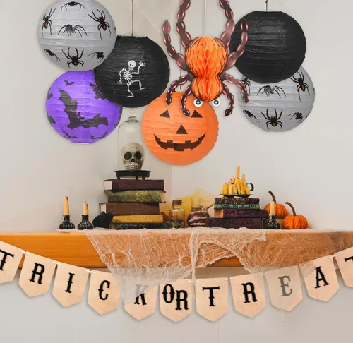 Vista 4 de Mudra Crafts Faroles de papel colgantes de araña, murciélago y calabaza, faroles de papel para interiores y exteriores, decoraciones de Halloween