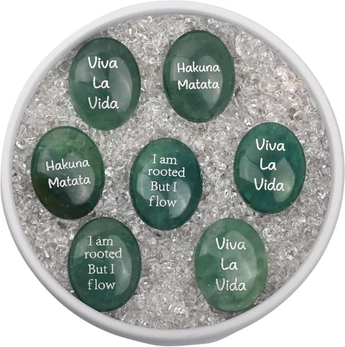 Vista 6 de Piedra preciosa de cristal de fluorita verde con piedras inspiradoras grabadas, piedra de palma de bolsillo tallada a mano natural para equilibrio