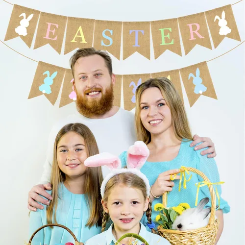 Vista 4 de Doumeny Guirnalda colorida de arpillera de Pascua, 2 unidades, diseño de conejo, pancarta de fiesta de Pascua para chimenea, suministros de fiesta