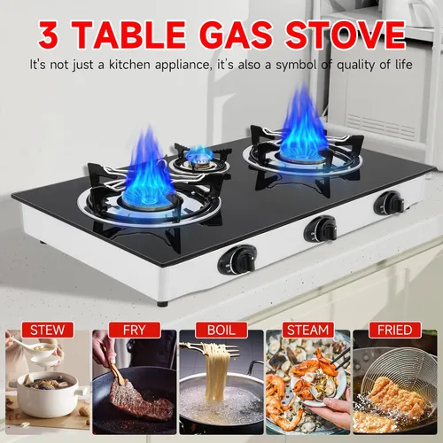Vista 3 de Cocina de gas propano, estufa de gas de 3 quemadores portátil, vidrio templado de 0.28 pulgadas, encendido automático, 3 quemadores GLP para RV