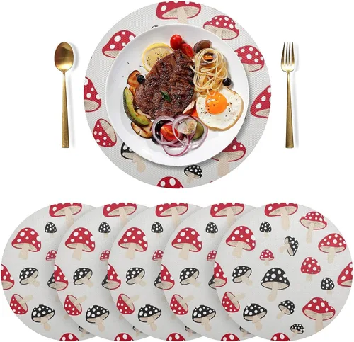Vista 3 de Stylized Red Black Mushrooms Dinner Table Placemats, Non Slip Placemats Round Washable for Kitchen Table one sizex6