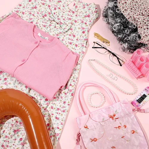 Vista 3 de 28 Pcs Old Lady Costume for Kids 100th Day of School Grandma Cosplay Dress Cardigan Bag Bandana head accessories