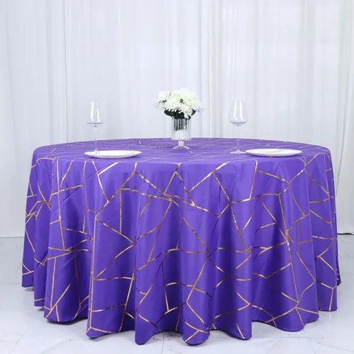 Vista 5 de Efavormart - Mantel redondo de poliéster de 120 pulgadas con patrón geométrico dorado Morado