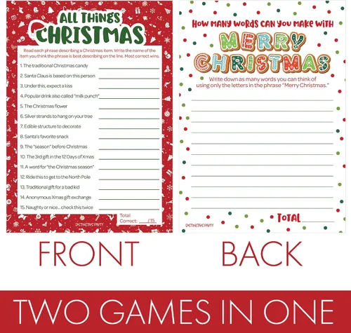 Vista 3 de DISTINCTIVS Juegos de Fiesta de Navidad, (Paquete de 2 Juegos) - Trivia de Todo sobre Navidad y Juego de Palabras Anagramas - 25 Tarjetas de Doble