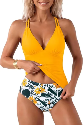 Vista 23 de Yonique Traje de baño de dos piezas para mujer, tankini con control de abdomen, talla grande, cuello halter en V Verde militar