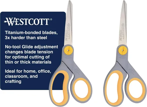Vista 12 de Westcott Tijeras de titanio de 8 pulgadas con función de deslizamiento ajustable para oficina y hogar - Gris/Amarillo