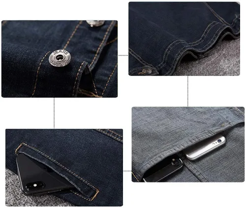 Vista 5 de Chaleco de mezclilla casual con botones para hombre, estilo vintage, sin mangas, con pantalones de mezclilla