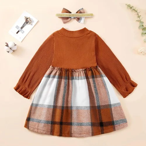 Vista 2 de Ropa para niña pequeña, vestido de otoño e invierno, vestido de franela a cuadros, vestido de fiesta con lazo para niñas con diadema