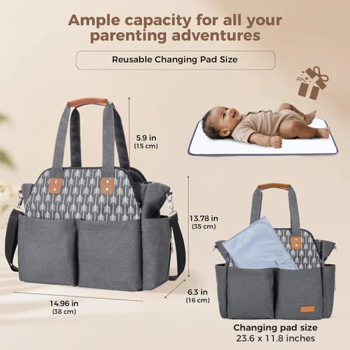 Vista 5 de Lekebaby Bolsa de pañales, 17 bolsillos, bolsa de pañales de viaje grande impermeable con cambiador portátil, bolsa de hospital cruzada para mamá