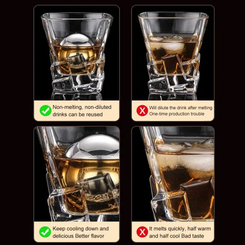 Vista 5 de Piedras de whisky, 2 piezas de cubitos de hielo de metal reutilizables, bolas de whisky redondas de acero inoxidable, bolas de whisky esféricas