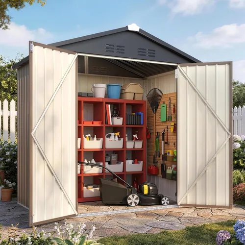 Vista 29 de AECOJOY Cobertizo de almacenamiento de metal para exteriores de 3 x 5 pies, cobertizo de herramientas de jardín resistente con puerta de gran