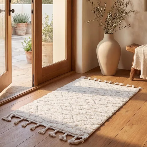 Vista 46 de SAFAVIEH Alfombra marroquí con borlas, 2 x 3 pies, marfil y marrón, no desprende pelusa y fácil de limpiar, textura alta y baja, ideal