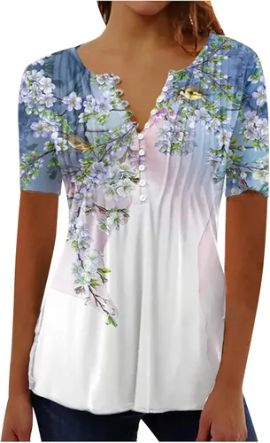 Vista 7 de Ceboyel Camisetas gráficas con estampado floral y mariposa para mujer, linda camisa de verano de manga corta, blusa de vestir casual para mujer