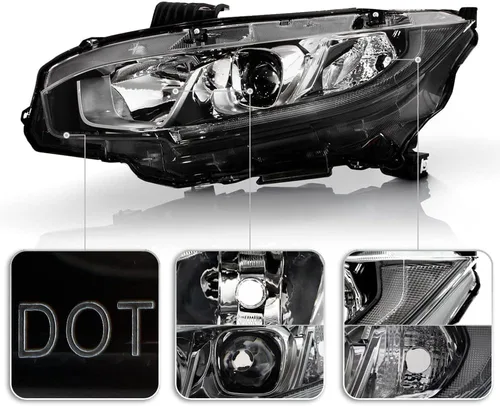 Vista 4 de ACANII - Para [tipo halógeno] 2016-2021 Honda Civic Chrome Housing LED DRL Proyector Faros Faros Par Izquierdo+Derecho