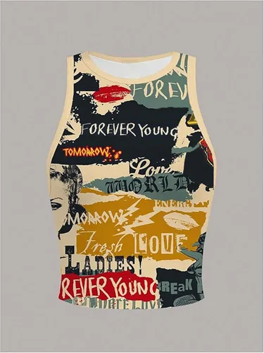 Vista 3 de SOLY HUX Camiseta sin mangas Y2k Vintage Graphic para mujer Gráfico beige.
